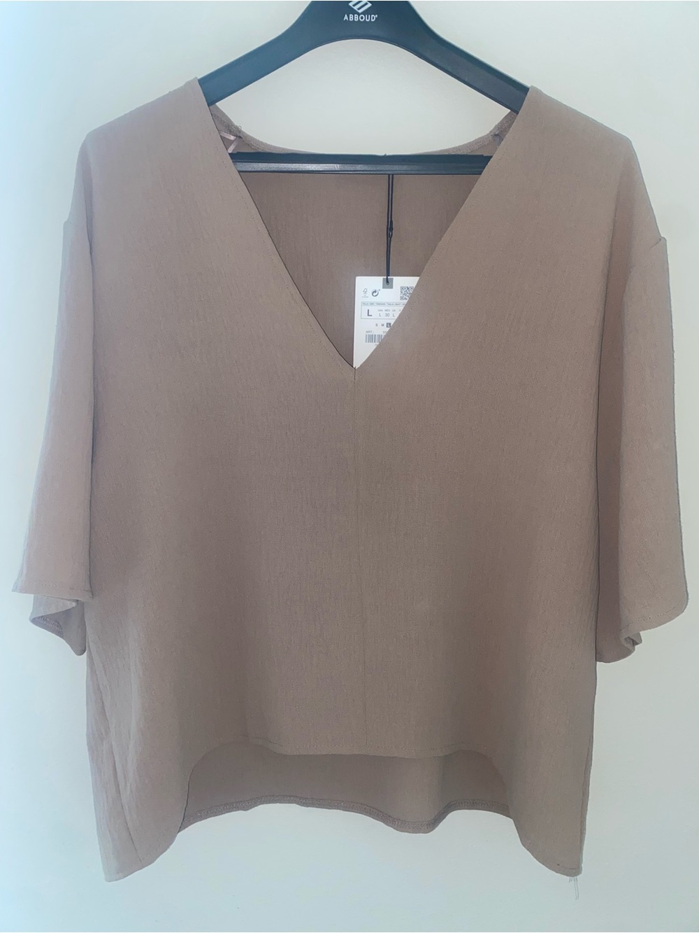 ZARA Taupe V-Neck Short Sleeve Women's Blouse Sz L